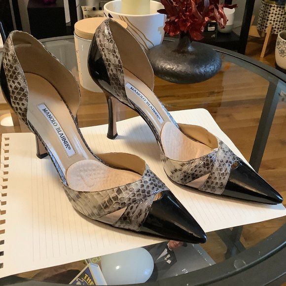 SOLD Vintage Manolo Blahnik Crux Snake/Leather d'Orsay Black 38 1/2 or size 8 M - Picture 1 of 6